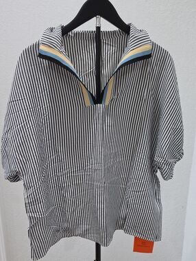 Black & White Striped Short-Sleeve Button Down Shirt with Accent Trim